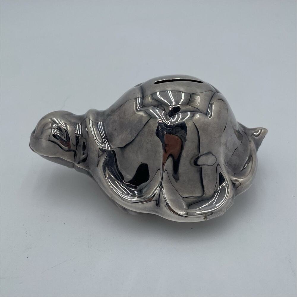 Vintage Silver Tone Glossy Metal Turtle Shaped Piggy Bank Coin Bank